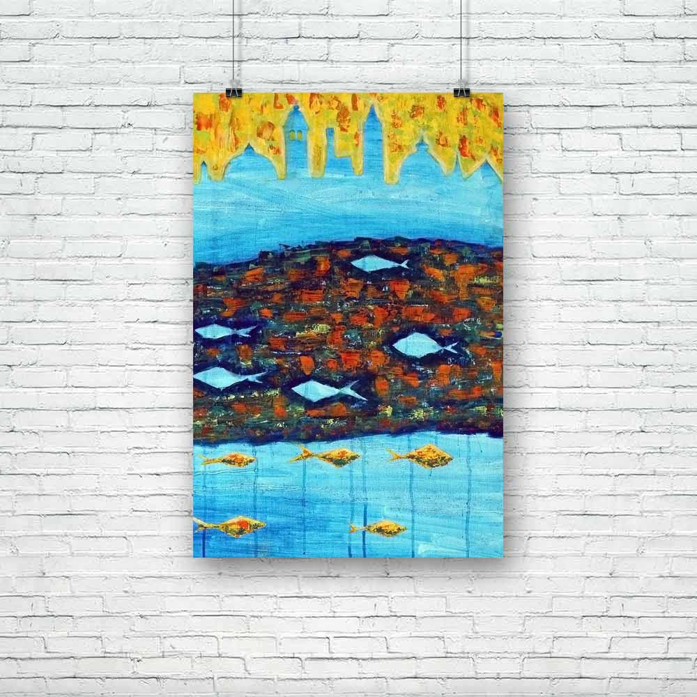 Blue Towers & Fishes Unframed Paper Poster-Paper Posters Unframed-POS_UN-IC 5000770 IC 5000770, Abstract Expressionism, Abstracts, Architecture, Art and Paintings, Asian, Automobiles, Cities, City Views, Decorative, Drawing, Illustrations, Italian, Landscapes, Paintings, Scenic, Semi Abstract, Signs, Signs and Symbols, Transportation, Travel, Vehicles, blue, towers, fishes, unframed, paper, poster, abstract, acrylic, art, artist, artistic, artwork, asia, background, beautiful, beauty, buildings, canal, canv