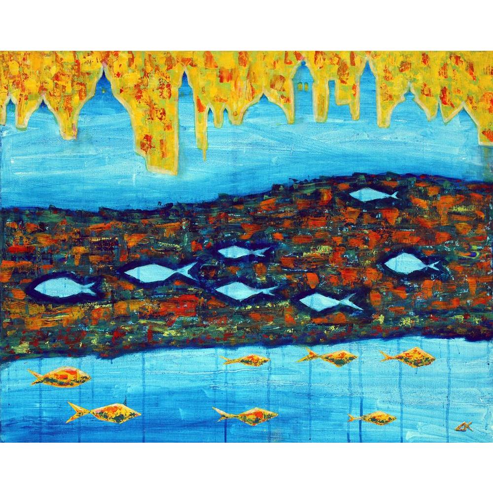 Abstract Artwork With Blue Towers & Fishes Canvas Painting Synthetic Frame - Paintings MDF Framing - ArtzFolio.com