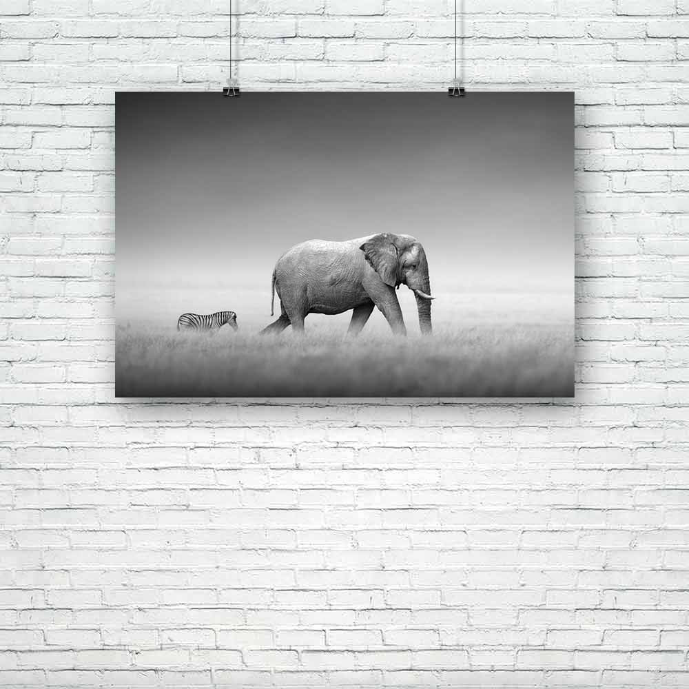 Elephant With Zebra Unframed Paper Poster-Paper Posters Unframed-POS_UN-IC 5001391 IC 5001391, African, Animals, Art and Paintings, Black, Black and White, Nature, Plain, Scenic, White, Wildlife, elephant, with, zebra, unframed, paper, poster, africa, and, elephants, namibia, animal, art, artistic, b, w, behind, big, dark, field, follow, grass, grassland, huge, image, loxodonta, mammal, monochrome, moody, national, nobody, open, outdoor, park, photograph, plains, sky, together, togetherness, two, walk, wild