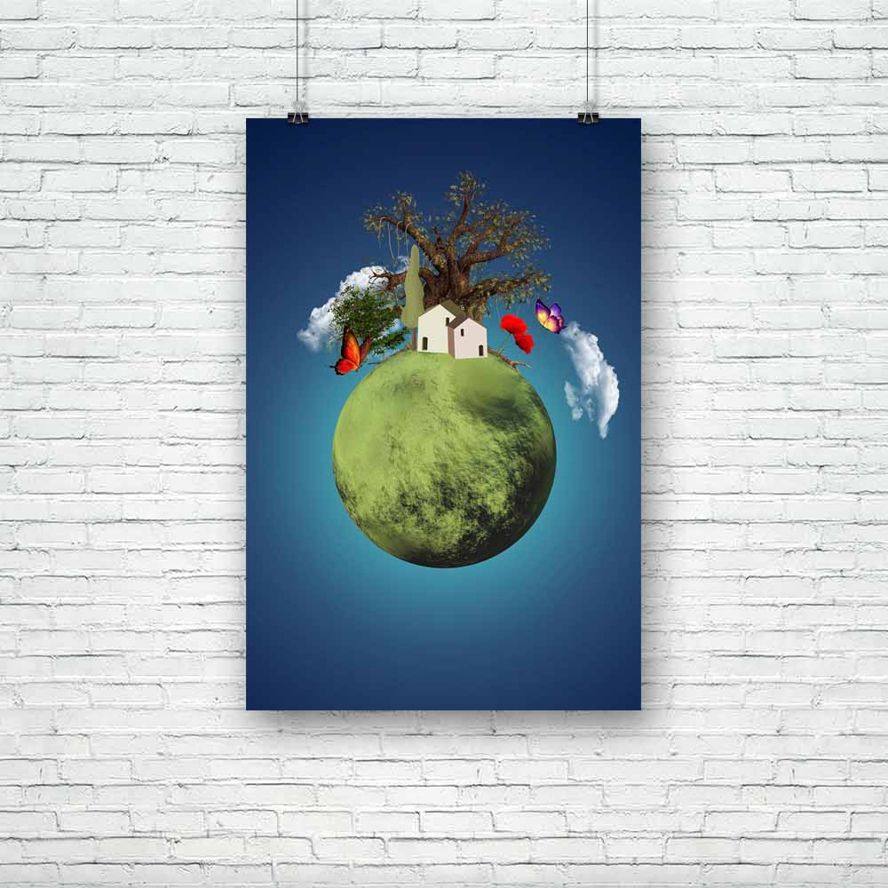 Green Lovely Planet Unframed Paper Poster-Paper Posters Unframed-POS_UN-IC 5001409 IC 5001409, Architecture, Astronomy, Conceptual, Cosmology, Digital, Digital Art, Fantasy, Graphic, Illustrations, Nature, Scenic, Signs, Signs and Symbols, Space, green, lovely, planet, unframed, paper, poster, aerial, view, buildings, butterflies, clouds, concept, design, earth, eco, ecologic, ecological, fields, fly, heaven, home, houses, illustration, meadow, night, nocturne, oak, outdoor, peaceful, sky, town, trees, vill