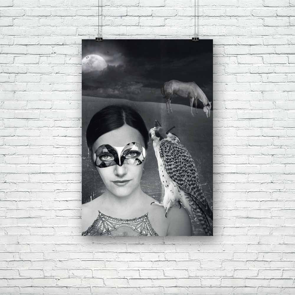 Young Woman In Mask With A Hawk Unframed Paper Poster-Paper Posters Unframed-POS_UN-IC 5001577 IC 5001577, Abstract Expressionism, Abstracts, Art and Paintings, Black, Black and White, Collages, Fantasy, Semi Abstract, White, young, woman, in, mask, with, a, hawk, unframed, paper, poster, abstract, art, artistic, background, beautiful, cloud, collage, composition, cover, creation, creativity, dark, desert, detail, dream, dreaming, expression, face, girl, gray, grey, horse, illustrative, invention, inventive
