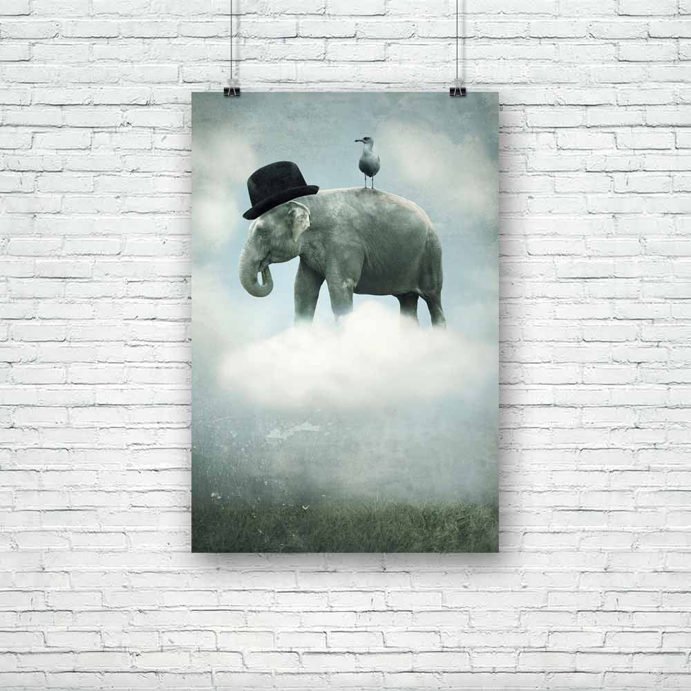 Elephant With A Hat & A Gull Unframed Paper Poster-Paper Posters Unframed-POS_UN-IC 5001711 IC 5001711, Abstract Expressionism, Abstracts, Animals, Art and Paintings, Birds, Collages, Conceptual, Fantasy, Realism, Semi Abstract, Surrealism, elephant, with, a, hat, gull, unframed, paper, poster, surreal, uniqueness, unique, surrealistic, flying, elephants, abstract, animal, art, artistic, background, beautiful, bird, cloud, collage, colorful, concept, cover, creation, creativity, elegant, fun, funny, grass, 