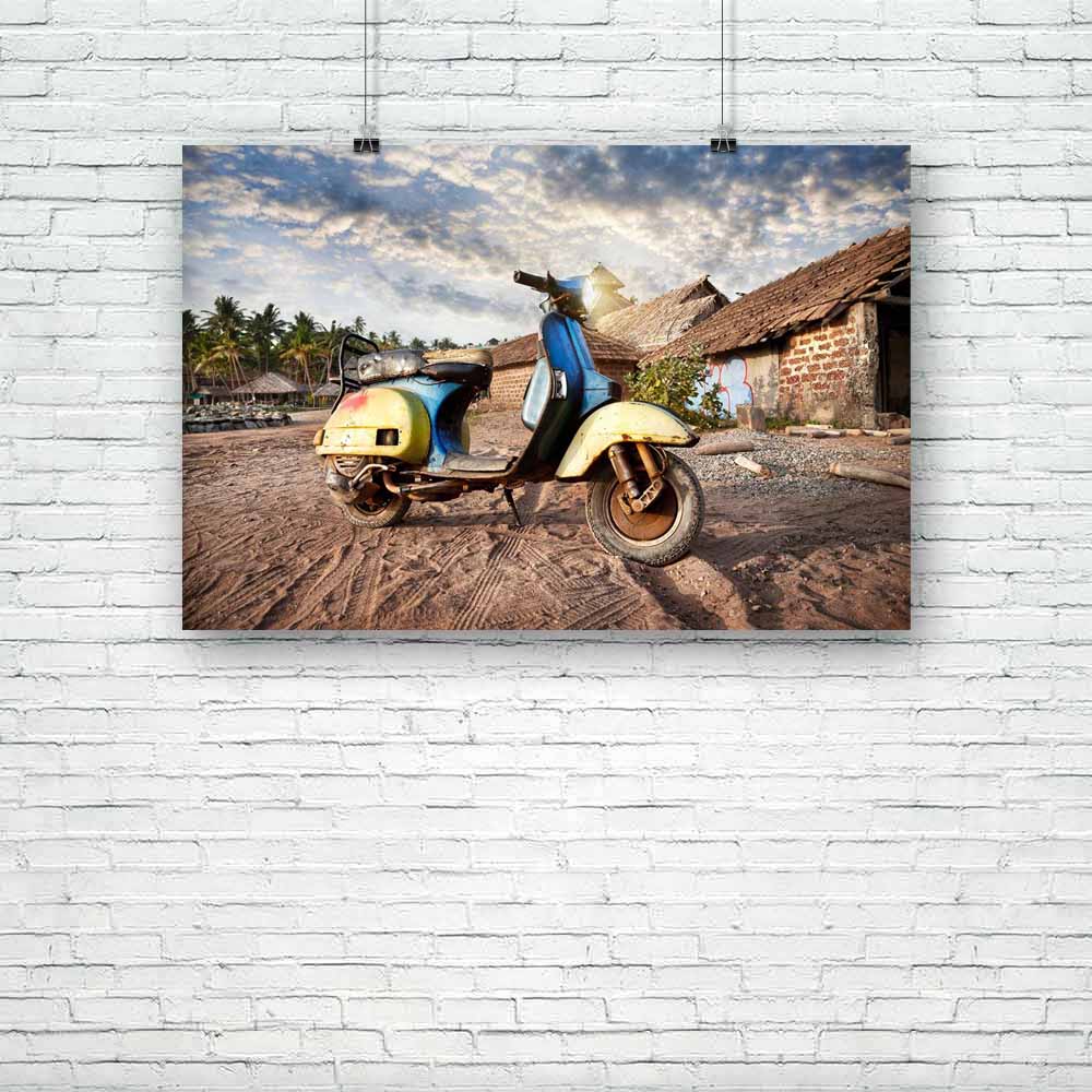 Old Retro Scooter On The Sandy Beach Unframed Paper Poster-Paper Posters Unframed-POS_UN-IC 5001752 IC 5001752, Asian, Automobiles, Bikes, Countries, Holidays, Indian, Nature, Retro, Scenic, Sports, Sunsets, Transportation, Travel, Tropical, Vehicles, old, scooter, on, the, sandy, beach, unframed, paper, poster, goa, asia, bike, blue, cloud, coast, country, cycle, exotic, fisherman, glow, grunge, holiday, home, hotel, house, hut, india, kerala, light, motor, motorbike, nobody, outdoor, palm, paradise, rent,