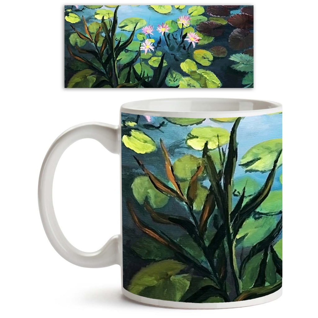 Colorful Pond With Beautiful Lotus Flowers Ceramic Coffee Tea Mug Inside White-Coffee Mugs-MUG-IC 5001836 IC 5001836, Art and Paintings, Botanical, Drawing, Fine Art Reprint, Floral, Flowers, Illustrations, Landscapes, Nature, Paintings, Scenic, Seasons, colorful, pond, with, beautiful, lotus, ceramic, coffee, tea, mug, inside, white, oil, painting, landscape, water, lily, artwork, bloom, blooming, blossom, canvas, fine, art, float, floating, flora, flower, garden, green, illustration, image, lake, leaf, na