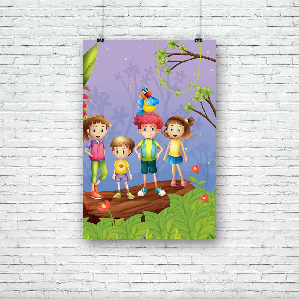 Children With Colorful Parrot Unframed Paper Poster-Paper Posters Unframed-POS_UN-IC 5001960 IC 5001960, Animals, Baby, Birds, Botanical, Children, Digital, Digital Art, Drawing, Fantasy, Floral, Flowers, Graphic, Illustrations, Kids, Landscapes, Nature, People, Scenic, Stars, Wooden, with, colorful, parrot, unframed, paper, poster, animal, bird, boys, branches, evening, female, forest, girls, illustration, image, jungle, kid, landscape, leaves, little, male, men, night, outdoors, outside, park, person, pla
