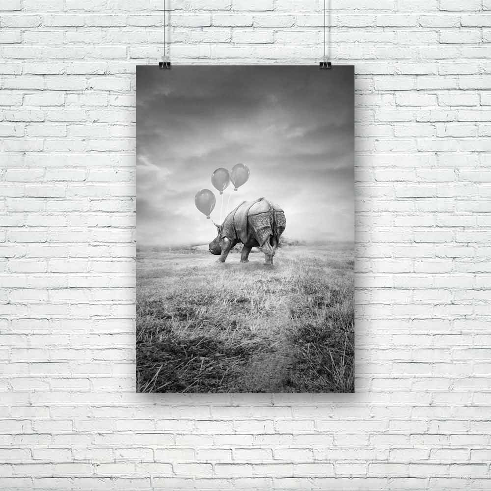 Artistic Rhino Back With Three Balloons Unframed Paper Poster-Paper Posters Unframed-POS_UN-IC 5002031 IC 5002031, Animals, Art and Paintings, Black, Black and White, Collages, Fantasy, Landscapes, Nature, Scenic, Space, White, artistic, rhino, back, with, three, balloons, unframed, paper, poster, animal, art, balloon, big, cloud, cloudy, collage, composition, creativity, detail, dramatic, dreamy, field, fun, funny, grass, gray, grey, huge, imagination, imaginative, imagine, intense, mammal, meadow, natural
