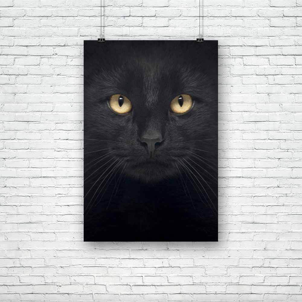 Black Cat Unframed Paper Poster-Paper Posters Unframed-POS_UN-IC 5002243 IC 5002243, Animals, Black, Black and White, People, Pets, White, cat, unframed, paper, poster, cats, animal, eyes, eye, head, alone, close, up, creature, domestic, facing, feline, front, view, headshot, looking, at, the, camera, mammal, no, nobody, one, pet, studio, shot, vertebrate, background, yellow, artzfolio, posters, wall posters, posters for room, posters for room decoration, office poster, door poster, baby poster, motivationa