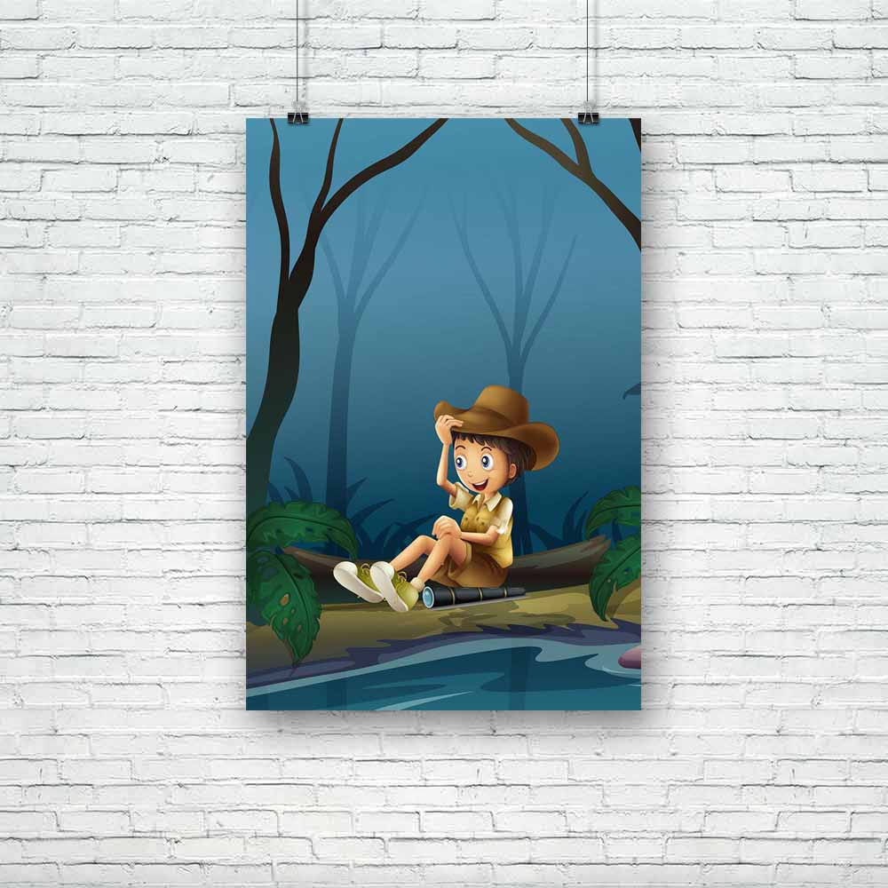 Male Near River Unframed Paper Poster-Paper Posters Unframed-POS_UN-IC 5002471 IC 5002471, Digital, Digital Art, Drawing, Graphic, Illustrations, Wooden, male, near, river, unframed, paper, poster, boy, boyscout, branches, brown, exploration, explore, explorer, flashlight, forest, gentleman, gloom, gloomy, grass, green, ground, hat, human, illustration, image, jungle, lake, leaves, log, man, outdoor, person, plants, pond, reflect, reflection, relax, relaxing, rest, resting, riverbank, riverside, scout, soil