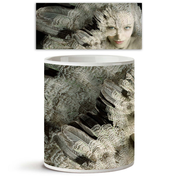 Portrait Of A Girl With Plumage Ceramic Coffee Tea Mug Inside White-Coffee Mugs-MUG-IC 5002641 IC 5002641, Art and Paintings, Asian, Birds, Conceptual, Fantasy, Fashion, Individuals, Nature, Portraits, Realism, Scenic, Surrealism, portrait, of, a, girl, with, plumage, ceramic, coffee, tea, mug, inside, white, metamorphosis, art, artistic, beautiful, beauty, bird, camouflage, caucasian, close, up, concept, creativity, detail, expression, eye, feathers, female, horizontal, inventive, look, surreal, surrealist