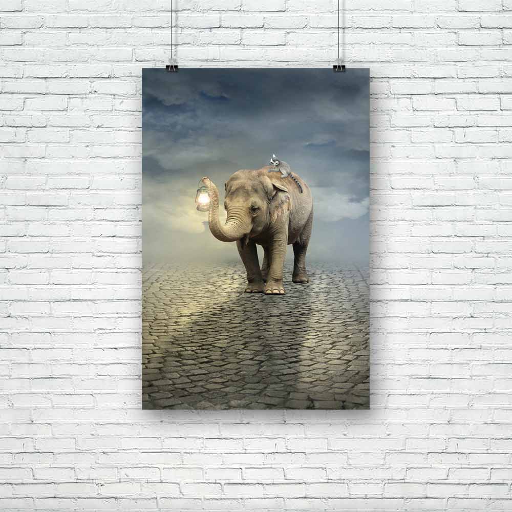 Elephant Carrying A Lemur & A Lantern Unframed Paper Poster-Paper Posters Unframed-POS_UN-IC 5002731 IC 5002731, Art and Paintings, Collages, Conceptual, Illustrations, Landscapes, Marble and Stone, Realism, Scenic, Surrealism, elephant, carrying, a, lemur, lantern, unframed, paper, poster, surreal, bizarre, creativity, surrealistic, elephants, circus, art, artistic, background, beautiful, cobblestones, collage, colorful, composition, friend, friendly, fun, funny, idea, illustration, illustrative, imaginati