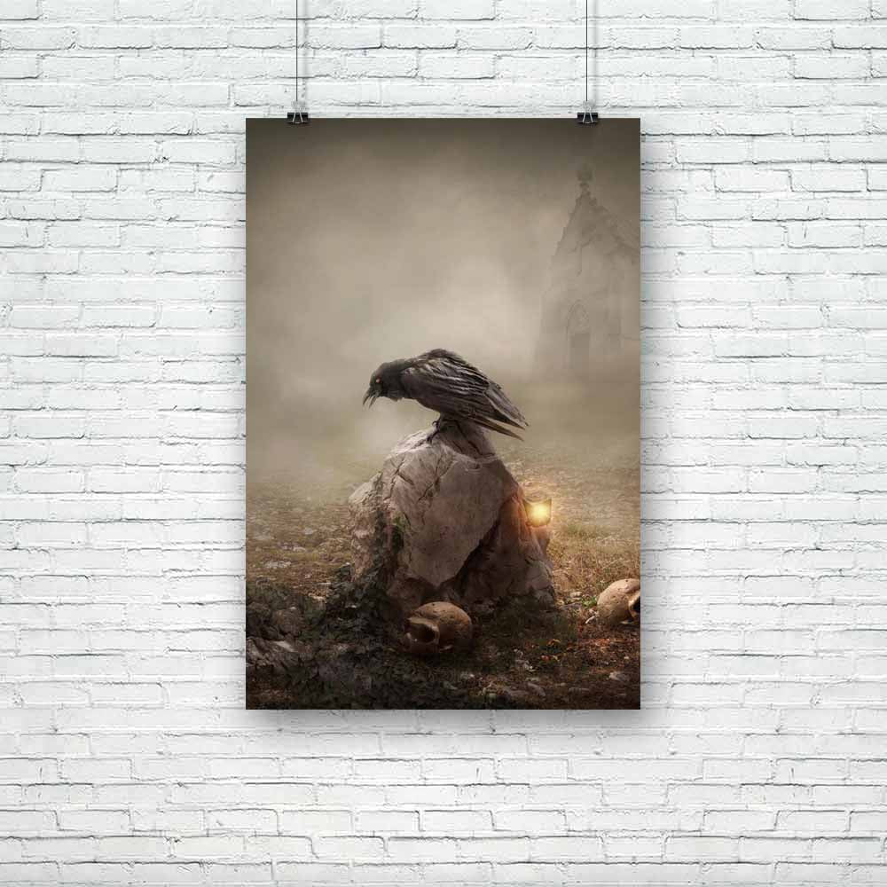 Gravestone Unframed Paper Poster-Paper Posters Unframed-POS_UN-IC 5002843 IC 5002843, Ancient, Birds, Black, Black and White, Fantasy, Gothic, Historical, Holidays, Marble and Stone, Medieval, Signs and Symbols, Symbols, Vintage, gravestone, unframed, paper, poster, crow, horror, raven, haunted, house, mystery, crows, spooky, tombstone, scary, cemetery, autumn, bird, clouds, cloudy, concept, creepy, dark, darkness, death, dismal, dramatic, evil, fairy, fairytale, field, fog, ghost, ghostly, grave, graveyard