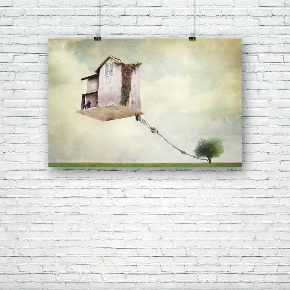 House Floating In The Air Unframed Paper Poster-Paper Posters Unframed-POS_UN-IC 5002973 IC 5002973, Ancient, Architecture, Art and Paintings, Collages, Historical, Illustrations, Landscapes, Medieval, Realism, Scenic, Surrealism, Vintage, house, floating, in, the, air, unframed, paper, poster, surreal, art, artistic, background, beautiful, collage, colorful, composition, creativity, detail, dream, dreamy, escape, exterior, fable, flight, float, grass, home, illustration, illustrative, image, imagination, l