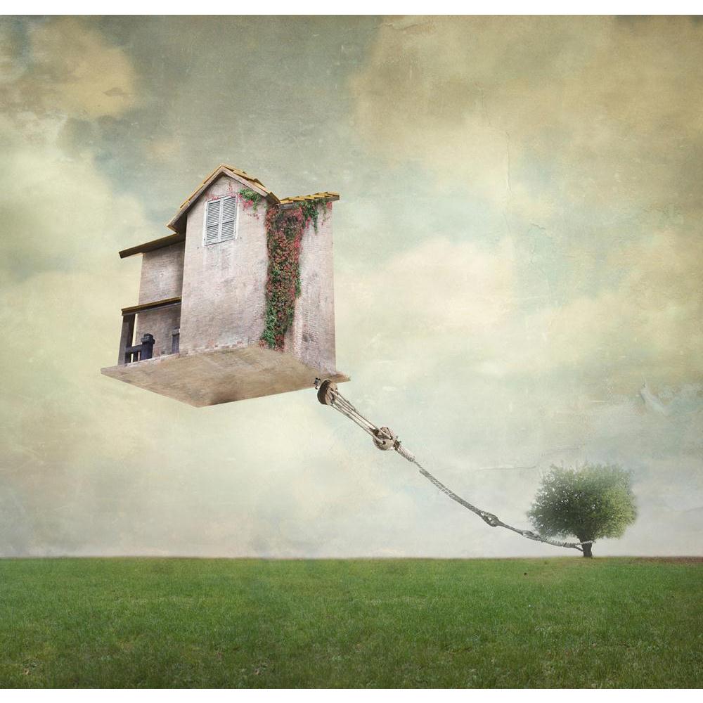 House Floating In The Air Tied To A Rope To A Tree Canvas Painting Synthetic Frame-Paintings MDF Framing-AFF_FR-IC 5002973 IC 5002973, Ancient, Architecture, Art and Paintings, Collages, Historical, Illustrations, Landscapes, Medieval, Realism, Scenic, Surrealism, Vintage, house, floating, in, the, air, tied, to, a, rope, tree, canvas, painting, synthetic, frame, surreal, art, artistic, background, beautiful, collage, colorful, composition, creativity, detail, dream, dreamy, escape, exterior, fable, flight,