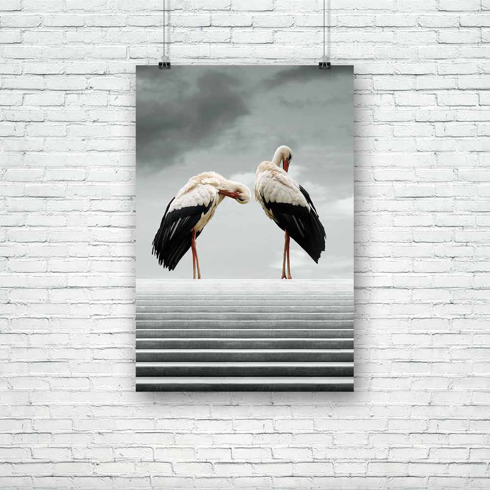 Two Beautiful Waterfowl Unframed Paper Poster-Paper Posters Unframed-POS_UN-IC 5002976 IC 5002976, Animals, Art and Paintings, Birds, Black, Black and White, Nature, Scenic, Surrealism, White, two, beautiful, waterfowl, unframed, paper, poster, animal, art, artistic, background, beak, bird, composition, detail, elegance, elegant, gray, grey, horizontal, imagination, imagine, incredible, isolated, leg, plumage, profile, sky, stairs, stairway, surreal, tall, unique, wading, wild, wing, wonderful, artzfolio, p