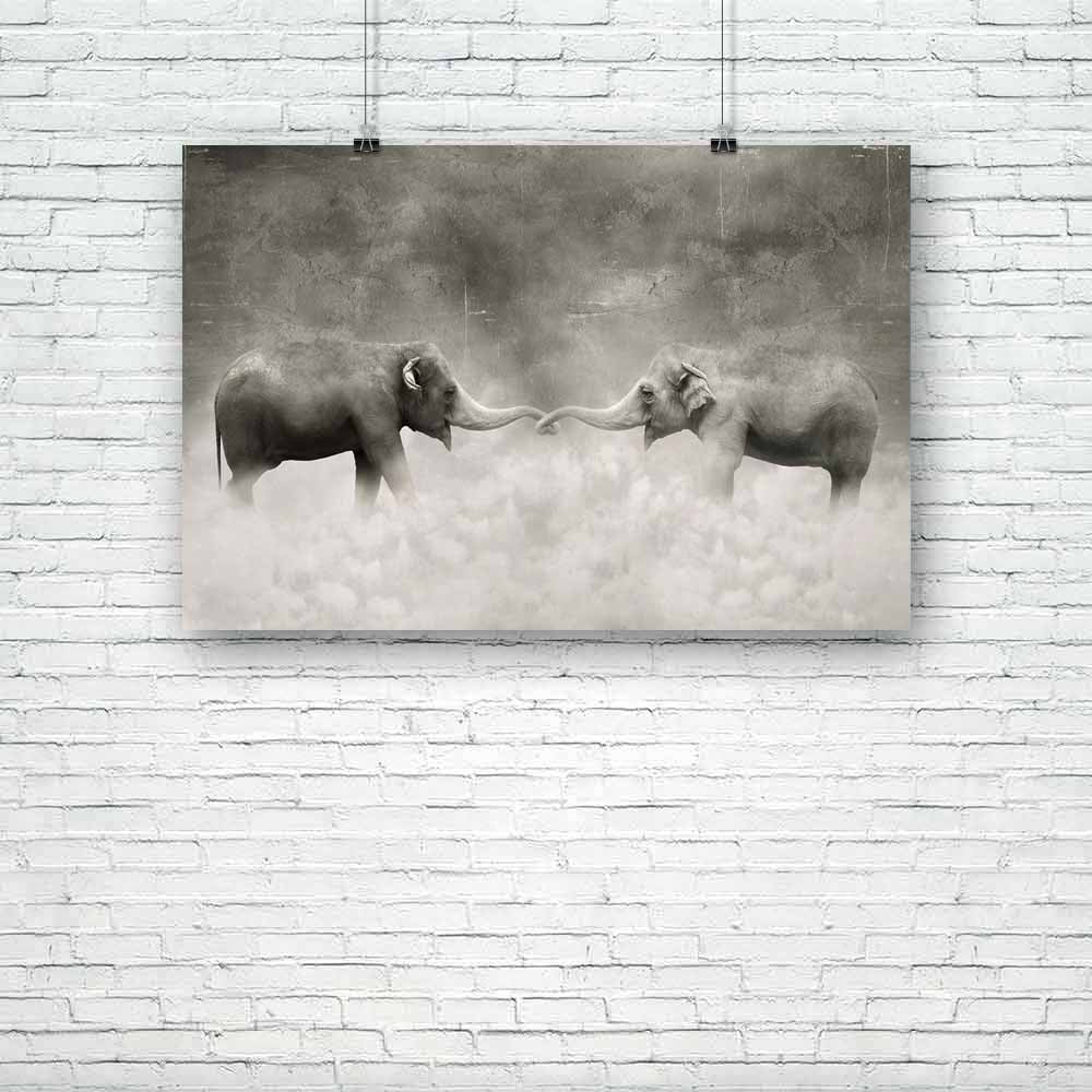Elephants With Their Trunks Like Lovers Unframed Paper Poster-Paper Posters Unframed-POS_UN-IC 5003079 IC 5003079, Ancient, Animals, Art and Paintings, Black, Black and White, Historical, Illustrations, Landscapes, Love, Medieval, Realism, Romance, Scenic, Surrealism, Vintage, White, elephants, with, their, trunks, like, lovers, unframed, paper, poster, animal, art, artistic, circus, cloud, couple, creativity, dream, dreamy, elegant, elephant, fairy, flight, gray, grey, illustration, illustrative, imaginati