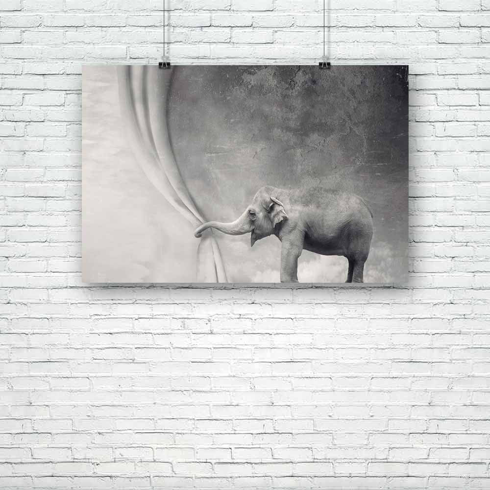 Elephant That Opens A Curtain With Its Trunk Unframed Paper Poster-Paper Posters Unframed-POS_UN-IC 5003080 IC 5003080, Animals, Art and Paintings, Black, Black and White, Collages, Conceptual, Illustrations, Landscapes, Realism, Scenic, Surrealism, White, elephant, that, opens, a, curtain, with, its, trunk, unframed, paper, poster, animal, art, artistic, background, beautiful, circus, collage, concept, creativity, elegant, fun, funny, gray, grey, horizontal, idea, illustration, illustrative, imagination, i