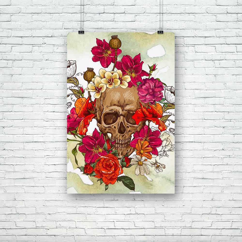 Skull & Flowers Unframed Paper Poster-Paper Posters Unframed-POS_UN-IC 5003086 IC 5003086, Ancient, Art and Paintings, Botanical, Culture, Ethnic, Festivals, Festivals and Occasions, Festive, Floral, Flowers, Folk Art, Gothic, Historical, Holidays, Illustrations, Medieval, Mexican, Nature, Patterns, Signs, Signs and Symbols, Symbols, Traditional, Tribal, Vintage, World Culture, skull, unframed, paper, poster, calaveras, calavera, day, of, the, dead, skulls, tattoo, rose, all, art, background, celebration, c