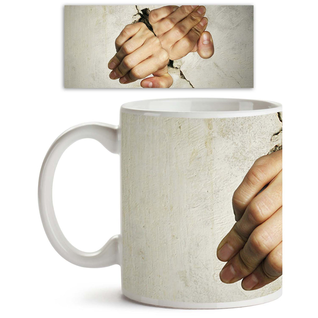 Two Hands Trying Hard To Break The Wall Ceramic Coffee Tea Mug Inside White-Coffee Mugs-MUG-IC 5003101 IC 5003101, Art and Paintings, Business, Conceptual, two, hands, trying, hard, to, break, the, wall, ceramic, coffee, tea, mug, inside, white, creative, concept, human, body, parts, part, breaking, close, up, composition, crack, creativity, creep, crisis, detail, effect, exit, fatigue, finger, fingers, fissure, freedom, hand, imagination, imagine, isolated, outcome, problem, psyche, psychology, split, stre