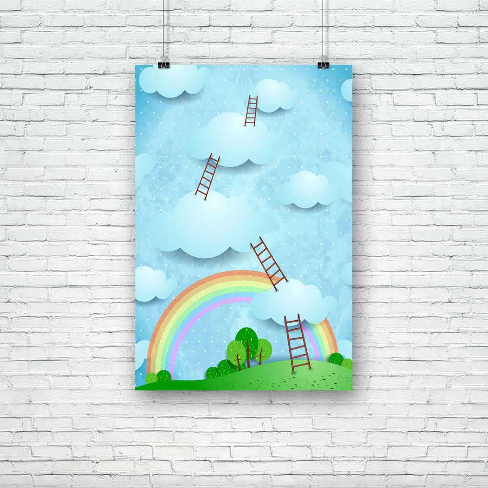 Climbing To The Sky Unframed Paper Poster-Paper Posters Unframed-POS_UN-IC 5003183 IC 5003183, Animated Cartoons, Art and Paintings, Caricature, Cartoons, Digital, Digital Art, Fantasy, God Ram, Graphic, Hinduism, Illustrations, Landscapes, Mountains, Nature, Panorama, Rural, Scenic, Seasons, Surrealism, climbing, to, the, sky, unframed, paper, poster, art, ascend, balloon, cartoon, climb, cloud, cloudscape, countryside, dream, fairy, fairytale, fantastic, field, fly, flying, garden, grass, green, hill, hor