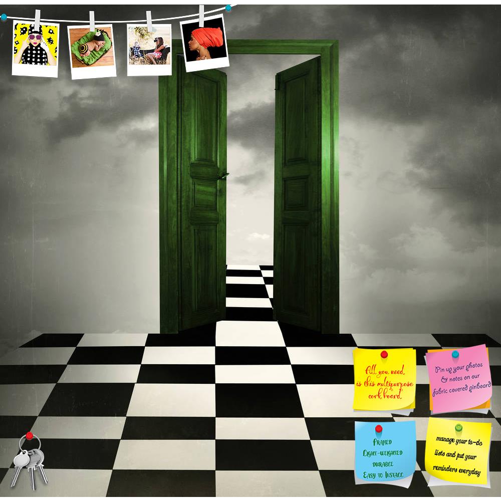 ArtzFolio Green Opened Door Chessboard Floor Printed Bulletin Board Notice Pin Board Soft Board | Frameless-Bulletin Boards Frameless-AZSAO25474368BLB_FL_L-Image Code 5003195 Vishnu Image Folio Pvt Ltd, IC 5003195, ArtzFolio, Bulletin Boards Frameless, Conceptual, Digital Art, green, opened, door, chessboard, floor, printed, bulletin, board, notice, pin, soft, frameless, surreal, imagine, cloudy, sky, background, leaves, cloud, wall, effect, optical, black, white, grey, darkness, surrealistic, artistic, bea