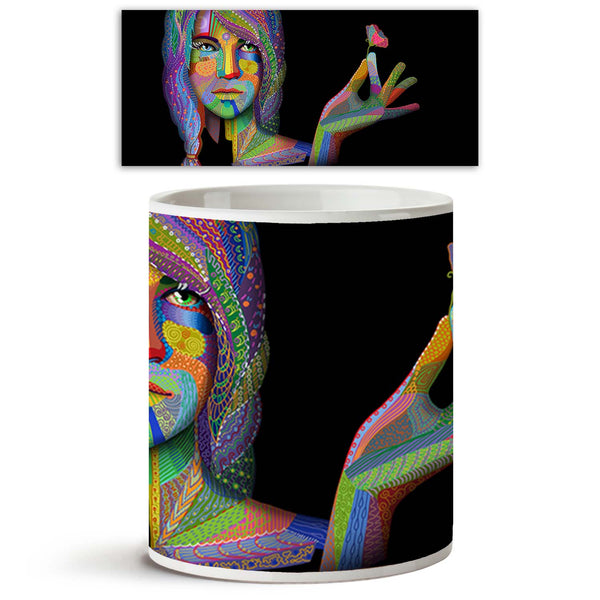 Woman With Multicolored Indian Pattern Ceramic Coffee Tea Mug Inside White-Coffee Mugs-MUG-IC 5003258 IC 5003258, Abstract Expressionism, Abstracts, Art and Paintings, Asian, Black, Black and White, Botanical, Decorative, Digital, Digital Art, Drawing, Fantasy, Floral, Flowers, Geometric Abstraction, Graphic, Illustrations, Indian, Individuals, Nature, Paintings, Patterns, People, Portraits, Scenic, Semi Abstract, Signs, Signs and Symbols, woman, with, multicolored, pattern, ceramic, coffee, tea, mug, insid