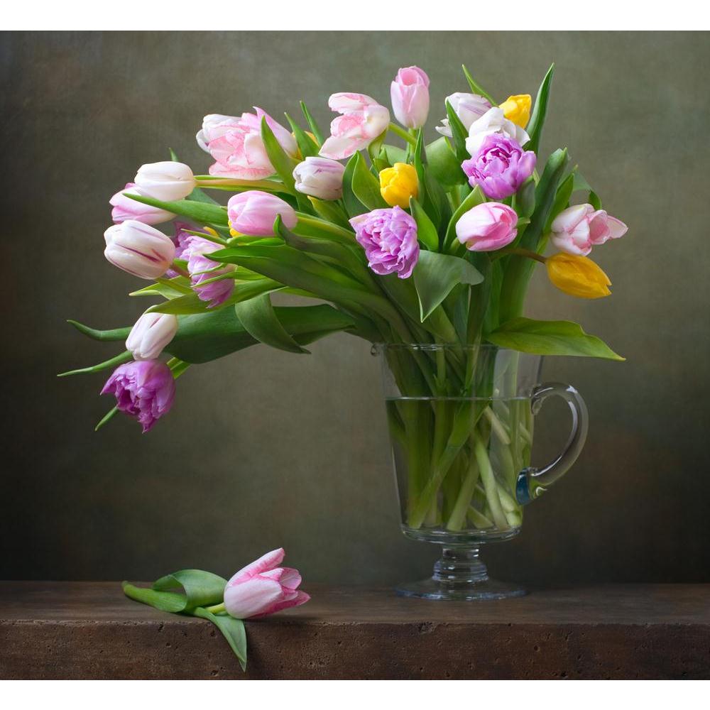 Still Life With Colorful Tulips Canvas Painting Synthetic Frame-Paintings MDF Framing-AFF_FR-IC 5003319 IC 5003319, Ancient, Art and Paintings, Black and White, Botanical, Floral, Flowers, Historical, Marble and Stone, Medieval, Nature, Paintings, Retro, Scenic, Signs, Signs and Symbols, Still Life, Vintage, White, still, life, with, colorful, tulips, canvas, painting, synthetic, frame, flower, morte, bouquet, of, art, artistic, beautiful, composition, decoration, design, flavor, fragrant, glass, green, jug
