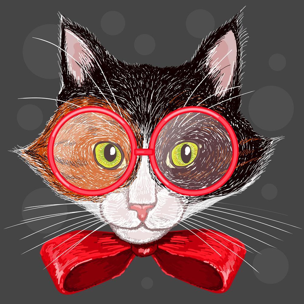 Portrait Of A Calico Cat In Red Glasses & A Bow Canvas Painting Synthetic Frame-Paintings MDF Framing-AFF_FR-IC 5003544 IC 5003544, Ancient, Animals, Art and Paintings, Black, Black and White, Digital, Digital Art, Drawing, Fashion, Graphic, Hipster, Historical, Illustrations, Individuals, Medieval, Pets, Portraits, Retro, Signs, Signs and Symbols, Sketches, Vintage, White, portrait, of, a, calico, cat, in, red, glasses, bow, canvas, painting, synthetic, frame, animal, art, artist, background, beautiful, co