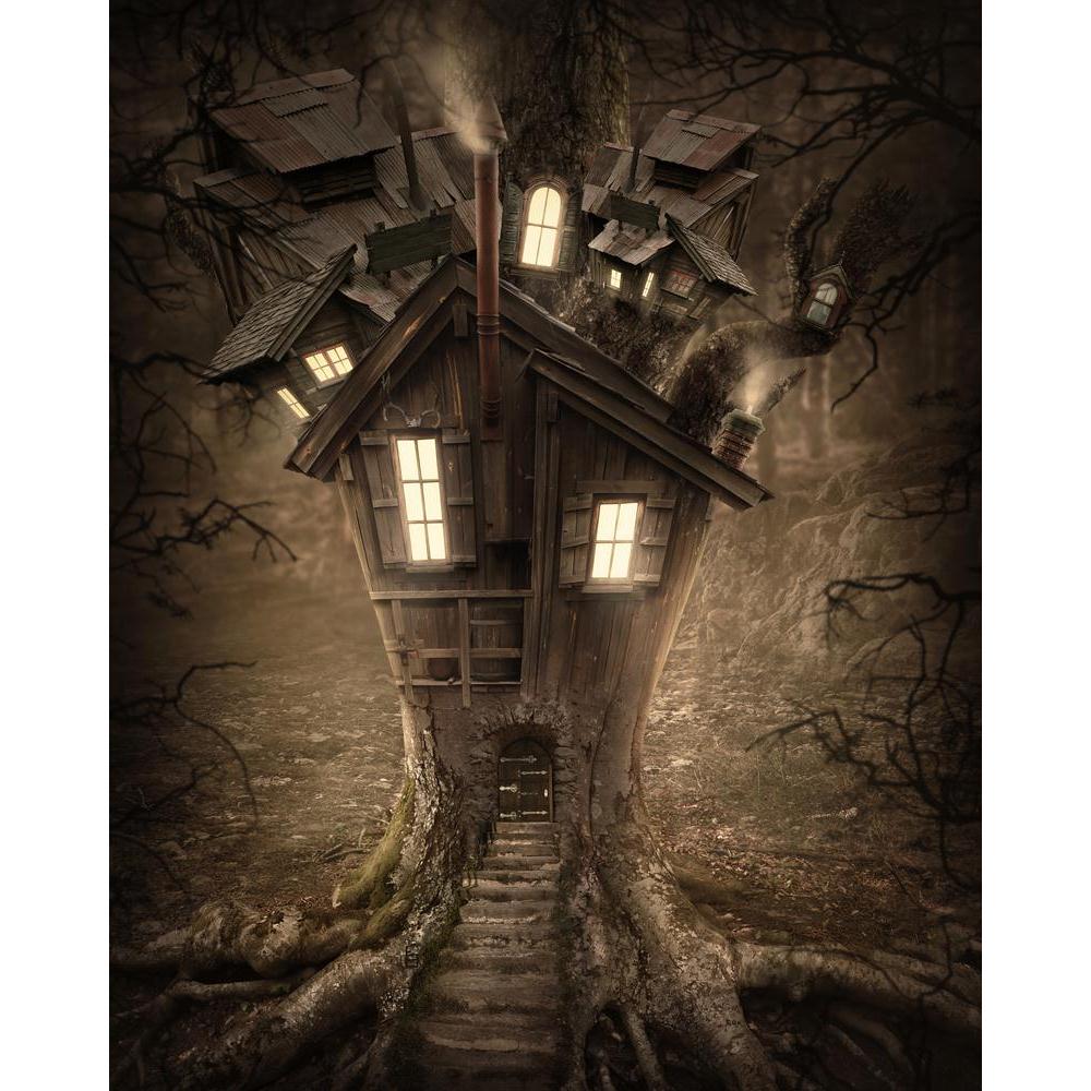 Fantasy Tree House Canvas Painting Synthetic Frame-Paintings MDF Framing-AFF_FR-IC 5003582 IC 5003582, Fantasy, Landscapes, Nature, Scenic, Surrealism, Wooden, tree, house, canvas, painting, synthetic, frame, adventure, bright, brown, dark, darkness, deep, door, dramatic, dreams, dreamy, fairy, fairytale, fog, forest, green, halloween, haunted, home, imagination, imagine, lamp, landscape, lantern, leaves, light, magic, mist, misty, mysterious, mystery, natural, night, nobody, outdoor, plant, road, shine, sp
