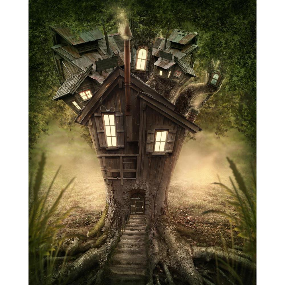 Fantasy Tree House In Forest Canvas Painting Synthetic Frame-Paintings MDF Framing-AFF_FR-IC 5003583 IC 5003583, Fantasy, Landscapes, Nature, Scenic, Surrealism, Wooden, tree, house, in, forest, canvas, painting, synthetic, frame, fairy, adventure, bright, dark, darkness, deep, door, dreams, dreamy, fairytale, fog, green, home, imagination, imagine, lamp, landscape, lantern, leaves, light, magic, mist, misty, mysterious, mystery, natural, night, nobody, outdoor, plant, road, shine, sparkle, stairs, surreal,