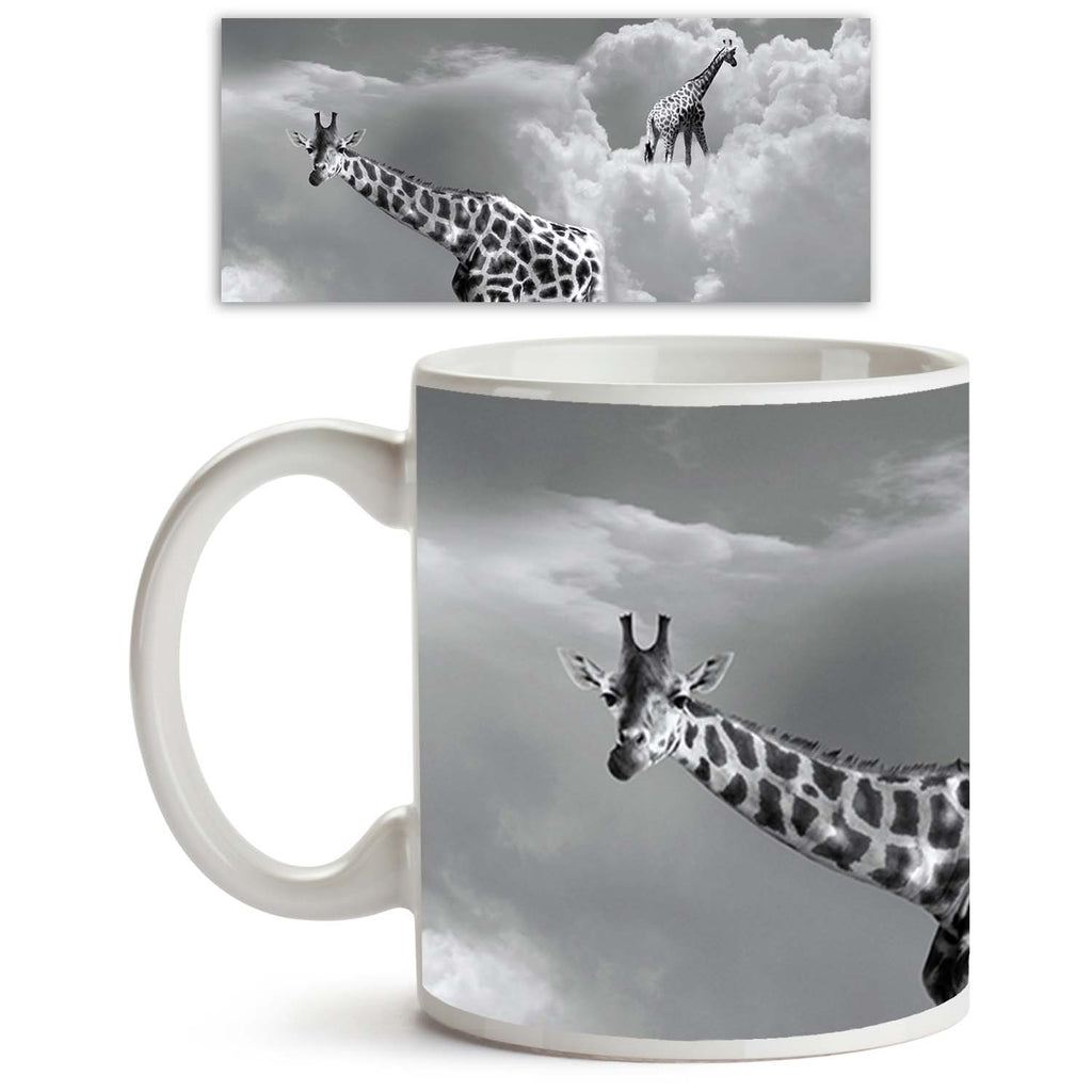 Two Giraffe Walking In The Clouds Ceramic Coffee Tea Mug Inside White-Coffee Mugs-MUG-IC 5003591 IC 5003591, Animals, Art and Paintings, Black, Black and White, Comedy, Conceptual, Humor, Humour, Illustrations, Nature, Realism, Scenic, Surrealism, White, two, giraffe, walking, in, the, clouds, ceramic, coffee, tea, mug, inside, animal, art, artistic, background, beautiful, cloud, cloudy, composition, concept, creativity, dream, dreamy, elegance, elegant, escape, expression, funny, gray, grey, idea, illustra