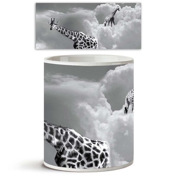 Two Giraffe Walking In The Clouds Ceramic Coffee Tea Mug Inside White-Coffee Mugs-MUG-IC 5003591 IC 5003591, Animals, Art and Paintings, Black, Black and White, Comedy, Conceptual, Humor, Humour, Illustrations, Nature, Realism, Scenic, Surrealism, White, two, giraffe, walking, in, the, clouds, ceramic, coffee, tea, mug, inside, animal, art, artistic, background, beautiful, cloud, cloudy, composition, concept, creativity, dream, dreamy, elegance, elegant, escape, expression, funny, gray, grey, idea, illustra
