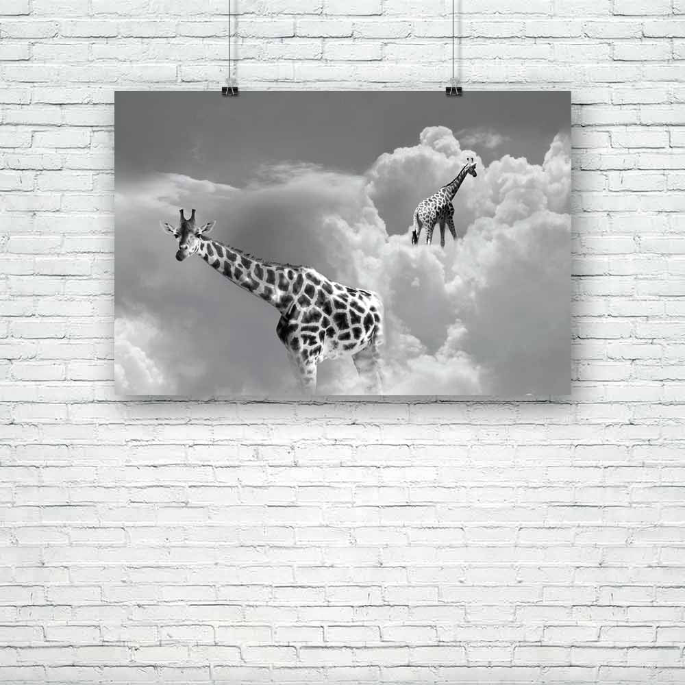 Two Giraffe Walking In The Clouds Unframed Paper Poster-Paper Posters Unframed-POS_UN-IC 5003591 IC 5003591, Animals, Art and Paintings, Black, Black and White, Comedy, Conceptual, Humor, Humour, Illustrations, Nature, Realism, Scenic, Surrealism, White, two, giraffe, walking, in, the, clouds, unframed, paper, poster, animal, art, artistic, background, beautiful, cloud, cloudy, composition, concept, creativity, dream, dreamy, elegance, elegant, escape, expression, funny, gray, grey, idea, illustration, illu