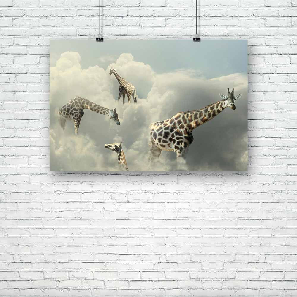 Four Giraffe Walking In The Clouds Unframed Paper Poster-Paper Posters Unframed-POS_UN-IC 5003592 IC 5003592, Animals, Art and Paintings, Black, Black and White, Comedy, Conceptual, Humor, Humour, Illustrations, Nature, Realism, Scenic, Surrealism, four, giraffe, walking, in, the, clouds, unframed, paper, poster, animal, art, artistic, background, beautiful, cloud, cloudy, colorful, composition, concept, creativity, dream, dreamy, elegance, elegant, escape, expression, funny, idea, illustration, illustrativ