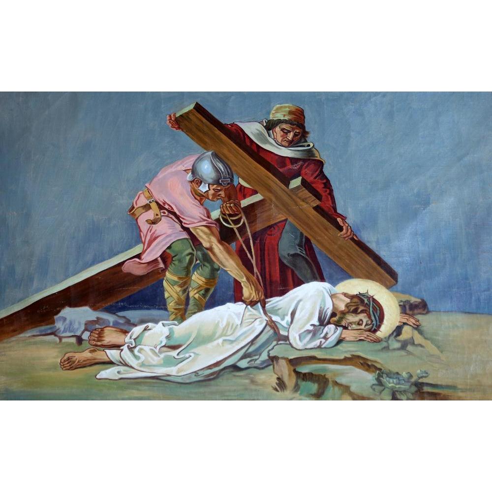 9th Station Of Cross Jesus Falls The Third Time Canvas Painting Synthetic Frame - Paintings MDF Framing - ArtzFolio.com