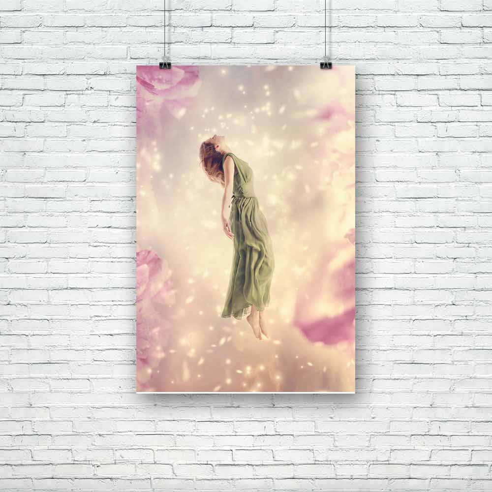 Woman With Flowers Unframed Paper Poster-Paper Posters Unframed-POS_UN-IC 5004141 IC 5004141, Art and Paintings, Botanical, Conceptual, Fantasy, Fashion, Floral, Flowers, Nature, People, Realism, Surrealism, woman, with, unframed, paper, poster, floating, dress, surreal, flying, dreamy, background, art, beautiful, beauty, blonde, color, concept, dream, elegance, fairy, fairytale, female, flower, fly, freedom, girl, glamour, green, heaven, horizontal, light, magic, magical, miracle, nymph, peony, person, pet
