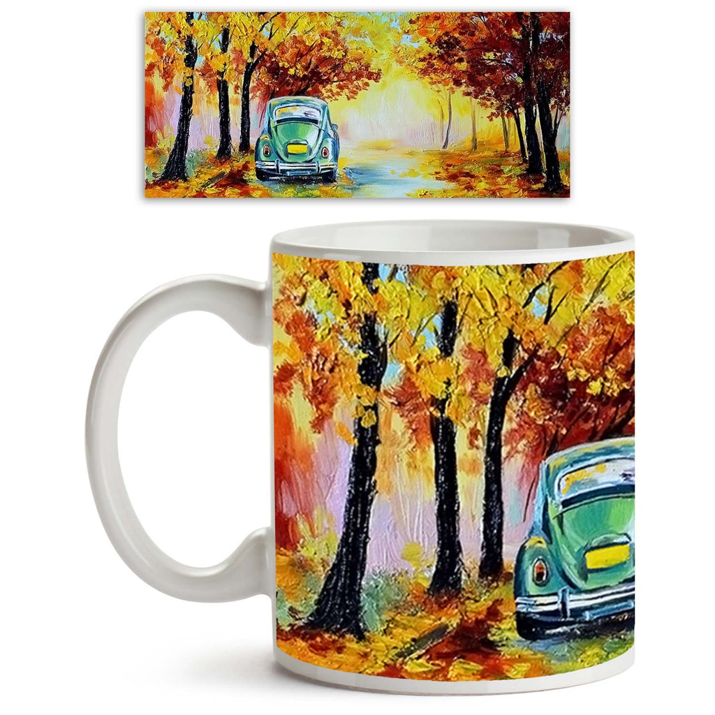 Car In The Colorful Autumn Forest Ceramic Coffee Tea Mug Inside White-Coffee Mugs-MUG-IC 5004214 IC 5004214, Abstract Expressionism, Abstracts, Art and Paintings, Cars, Drawing, Illustrations, Impressionism, Landscapes, Nature, Paintings, Patterns, Retro, Scenic, Seasons, Semi Abstract, Signs, Signs and Symbols, car, in, the, colorful, autumn, forest, ceramic, coffee, tea, mug, inside, white, oil, painting, abstract, acrylic, art, artist, artistic, artwork, background, beautiful, bright, brown, brush, cloud