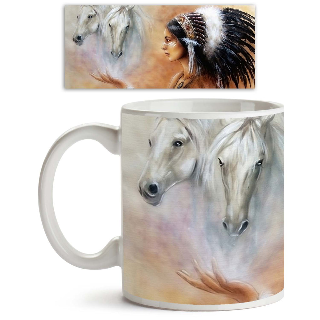 ArtzFolio Woman Wearing Feathers With Two White Horse Spirits Ceramic Coffee Tea Mug Inside White-Coffee Mugs-AZKIT36550410MUG_L-Image Code 5004281 Vishnu Image Folio Pvt Ltd, IC 5004281, ArtzFolio, Coffee Mugs, Animals, Fine Art Reprint, woman, wearing, feathers, with, two, white, horse, spirits, ceramic, coffee, tea, mug, inside, a, beautiful, airbrush, painting, young, indian, gorgeous, feather, headdress, image, hovering, above, her, palm, art, artist, artwork, picture, color, colorful, multicolored, oi