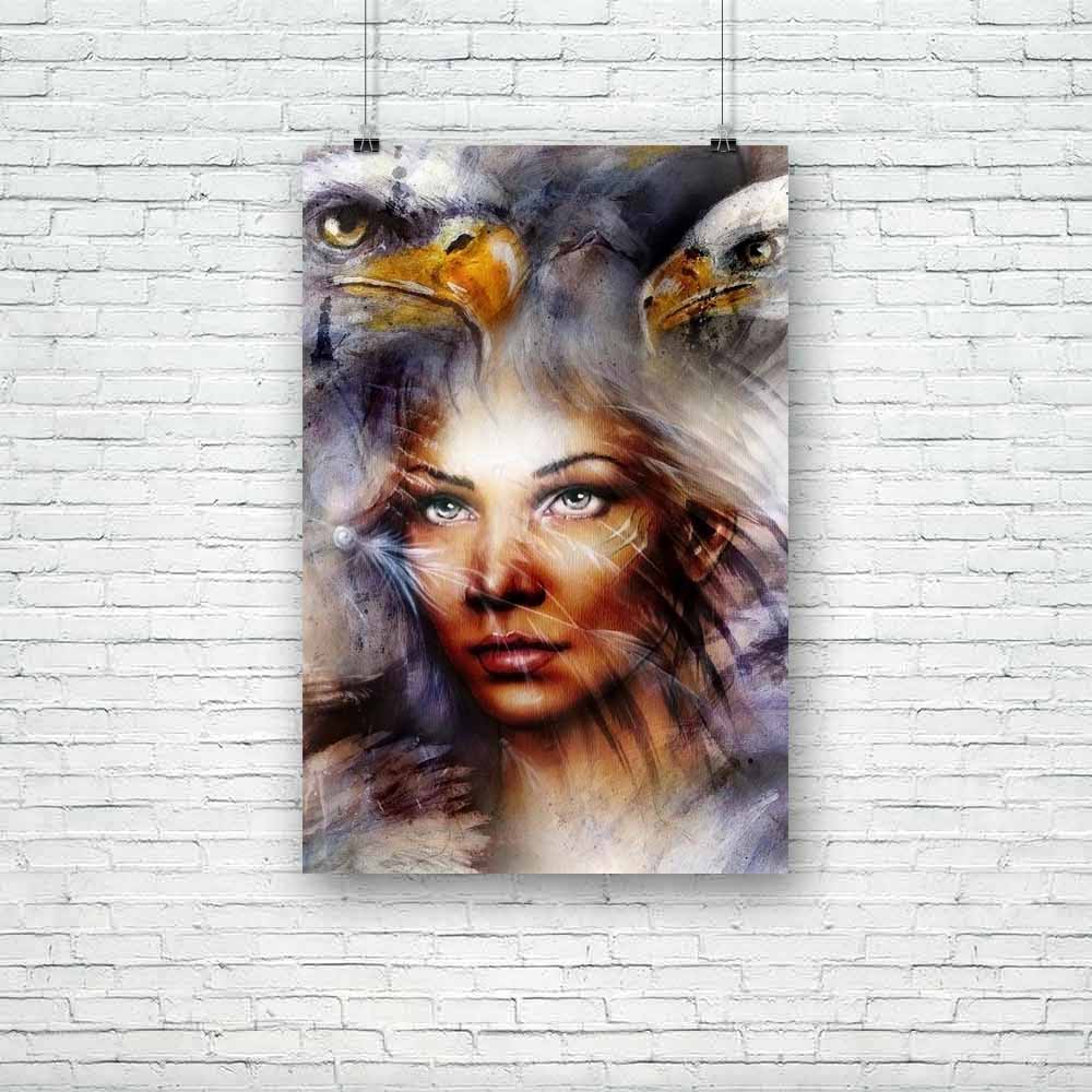 Woman With A Flying Eagle Unframed Paper Poster-Paper Posters Unframed-POS_UN-IC 5004322 IC 5004322, Adult, Ancient, Art and Paintings, Asian, Birds, Black and White, Collages, Fashion, Historical, Illustrations, Indian, Individuals, Medieval, Nature, Paintings, Portraits, Scenic, Seasons, Vintage, White, woman, with, a, flying, eagle, unframed, paper, poster, airbrush, art, artist, attitude, background, beautiful, beauty, bird, caucasian, color, eagles, elegance, eyes, face, falcon, feather, female, freedo