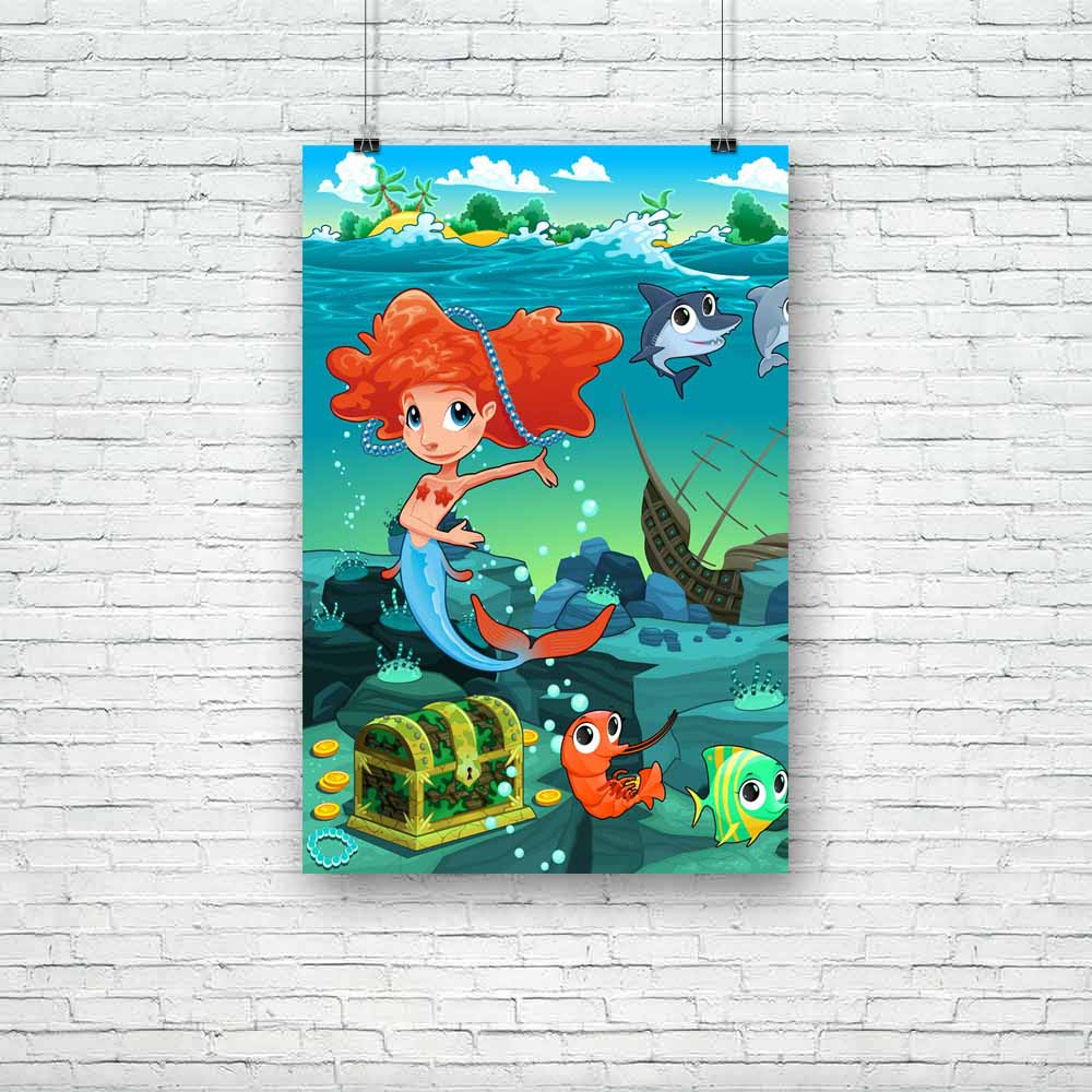 Mermaid With Funny Animals Unframed Paper Poster-Paper Posters Unframed-POS_UN-IC 5004365 IC 5004365, Animals, Animated Cartoons, Caricature, Cartoons, Coins, Illustrations, Mermaid, Tropical, with, funny, unframed, paper, poster, ocean, animal, bubble, cartoon, character, childhood, coin, crustacean, dolphin, expression, fish, galleon, girl, gold, happy, island, isle, marine, mythological, mythology, floor, octopus, pirate, polyp, prawn, sea, bottom, shark, ship, shrimp, siren, smile, summer, sword, treasu