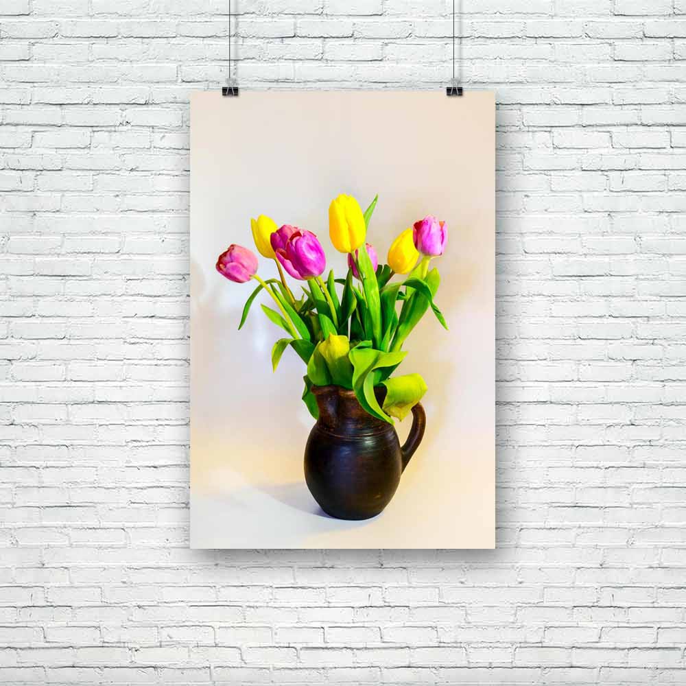 Violet & Yellow Tulips Unframed Paper Poster-Paper Posters Unframed-POS_UN-IC 5004423 IC 5004423, Abstract Expressionism, Abstracts, Art and Paintings, Black and White, Botanical, Decorative, Floral, Flowers, Nature, Scenic, Semi Abstract, Signs, Signs and Symbols, White, violet, yellow, tulips, unframed, paper, poster, abstract, antique, arm, art, background, beautiful, blow, bouquet, brown, bud, bunch, ceramic, clay, color, colorful, composition, decoration, design, earthenware, flower, fragrance, fresh, 