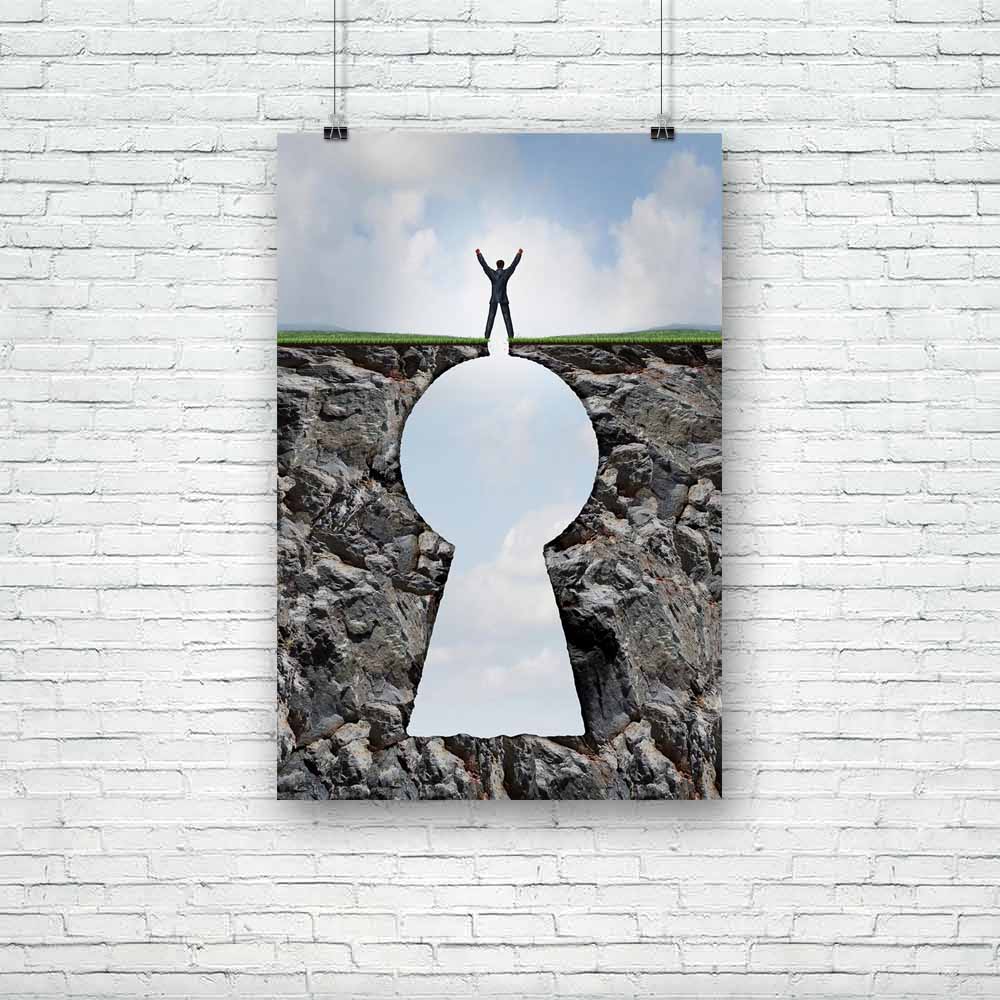 Businessman Standing On Keyhole Mountain Cliff Unframed Paper Poster-Paper Posters Unframed-POS_UN-IC 5004541 IC 5004541, Abstract Expressionism, Abstracts, Business, Conceptual, Inspirational, Motivation, Motivational, Mountains, Semi Abstract, Signs and Symbols, Symbols, businessman, standing, on, keyhole, mountain, cliff, unframed, paper, poster, abstract, access, achievement, aspiration, businessperson, concept, doorway, enter, entrance, escape, financial, freedom, hole, human, idea, key, leader, leader