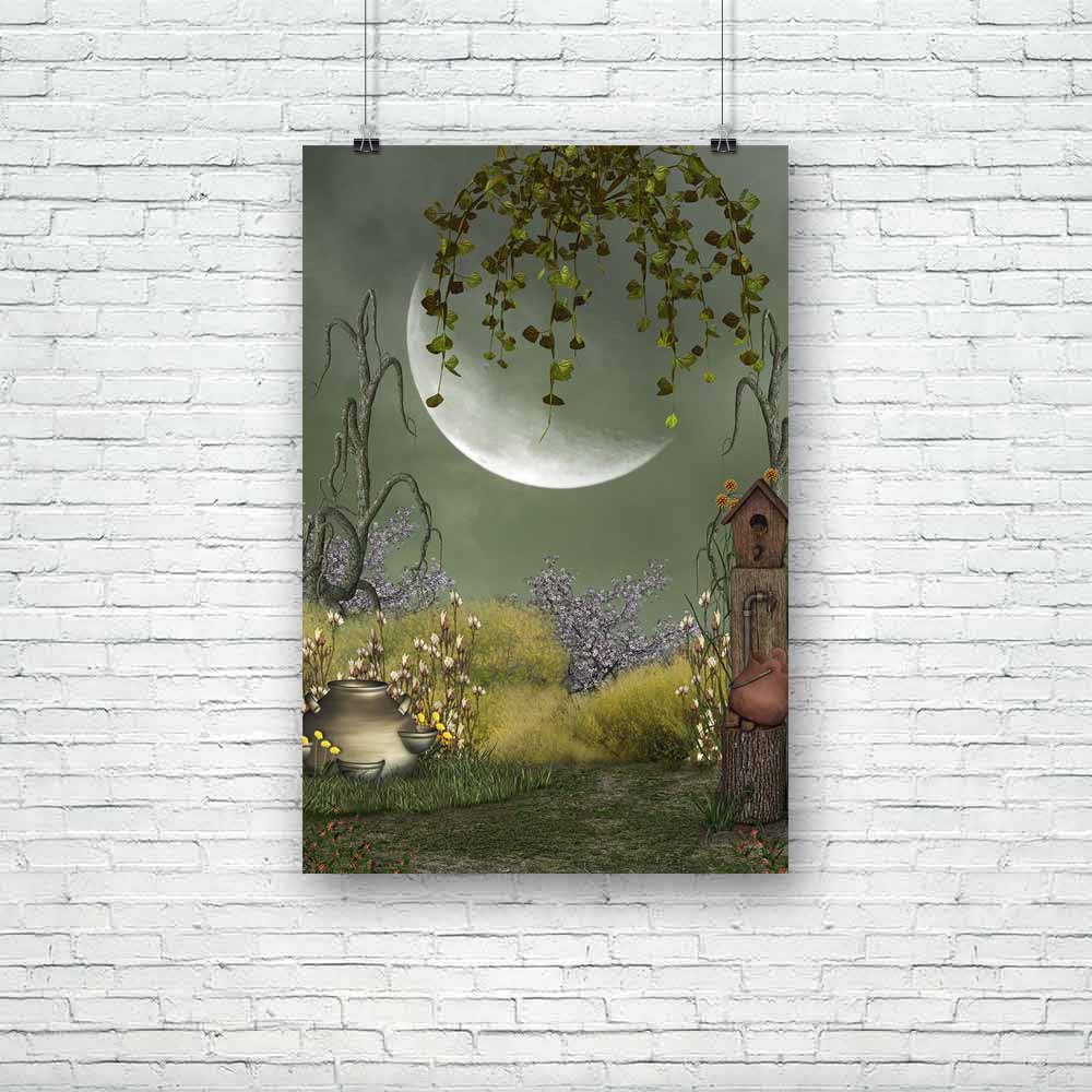 Garden With Big Moon Unframed Paper Poster-Paper Posters Unframed-POS_UN-IC 5004694 IC 5004694, Art and Paintings, Baby, Birds, Botanical, Children, Digital, Digital Art, Fantasy, Floral, Flowers, Graphic, Illustrations, Kids, Landscapes, Nature, Scenic, Stars, garden, with, big, moon, unframed, paper, poster, amazing, art, backdrops, background, beautiful, bird, cloud, dream, dreams, dreamy, enchanting, fae, fairy, fairytale, house, illustration, landscape, lighting, magic, manipulation, misty, pot, prince