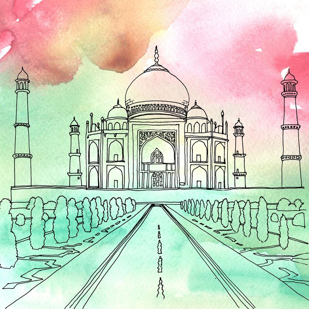 Taj Mahal, Agra - Ink on paper 4 x 5.75” - Kelly Goss Art