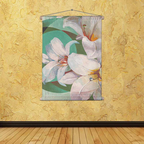 ArtzFolio Pretty White Lily Flower Fabric Painting Tapestry Scroll Art Hanging-Scroll Art-AZART41988848TAP_L-Image Code 5004904 Vishnu Image Folio Pvt Ltd, IC 5004904, ArtzFolio, Scroll Art, Floral, Fine Art Reprint, pretty, white, lily, flower, canvas, fabric, painting, tapestry, scroll, art, hanging, green, background, nature, blossom, beautiful, petal, design, leaf, bloom, plant, spring, wallpaper, summer, bouquet, drawing, natural, garden, color, decoration, decorative, hand, style, ornate, flora, bloom