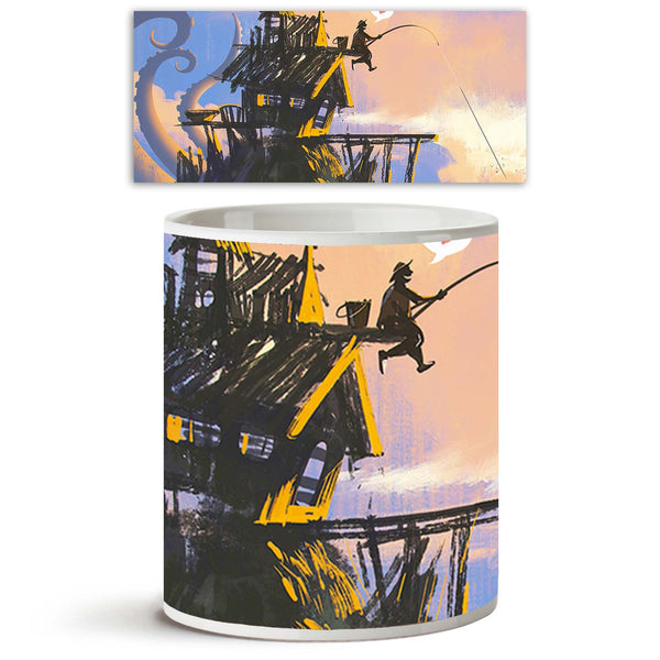 Fisherman On An Old House With A Fishing Rod Ceramic Coffee Tea Mug Inside White-Coffee Mugs-MUG-IC 5005204 IC 5005204, Abstract Expressionism, Abstracts, Animated Cartoons, Art and Paintings, Caricature, Cartoons, Hobbies, Illustrations, Paintings, Semi Abstract, Signs, Signs and Symbols, Sunsets, Watercolour, Wooden, fisherman, on, an, old, house, with, a, fishing, rod, ceramic, coffee, tea, mug, inside, white, abstract, acrylic, angler, art, artistic, artwork, background, beautiful, beauty, beer, big, ca