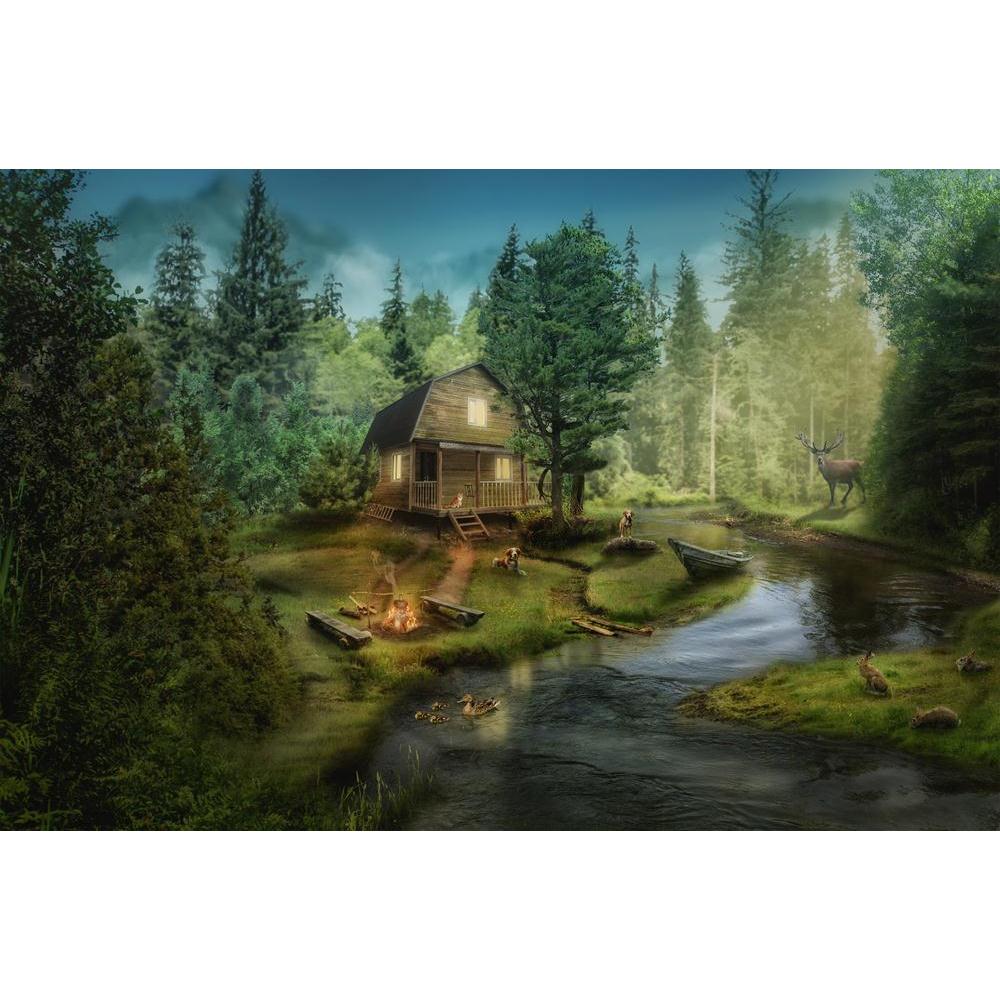House In The The Forest By The Creek Canvas Painting Synthetic Frame-Paintings MDF Framing-AFF_FR-IC 5005246 IC 5005246, Animals, Boats, Collages, Cuisine, Fantasy, Food, Food and Beverage, Food and Drink, Illustrations, Marble and Stone, Nautical, Science Fiction, Wooden, house, in, the, forest, by, creek, canvas, painting, synthetic, frame, log, cabin, animal, beach, boat, bonfire, burn, clean, collage, comfort, contemplation, cooking, current, evening, fast, fiction, fire, fog, footpath, hut, kettle, lig