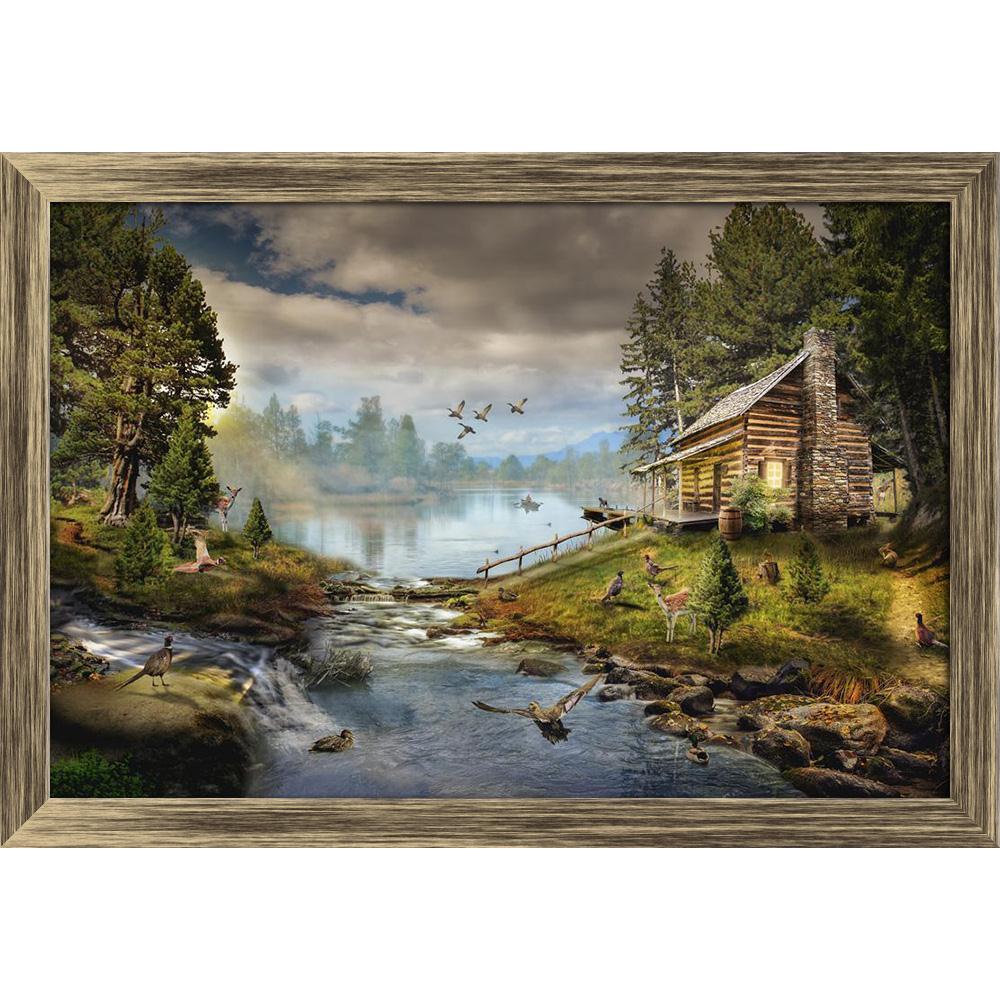 Pitaara Box House In The The Forest By The Creek D2 Canvas Painting Synthetic Frame-Paintings Synthetic Framing-PBART47714091AFF_FW_L-Image Code 5005495 Vishnu Image Folio Pvt Ltd, IC 5005495, Pitaara Box, Paintings Synthetic Framing, Fantasy, Landscapes, Fine Art Reprint, house, in, the, forest, by, creek, d2, canvas, painting, synthetic, frame, illustration, fictional, situation, form, collage, photos, river, water, current, clean, fast, surge, stones, beach, trees, pine, needles, animal, wooden, hut, cab