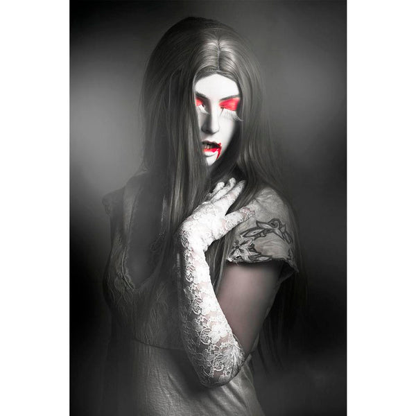 Vampire Woman Unframed Paper Poster-Paper Posters Unframed-POS_UN-IC 5005537 IC 5005537, Ancient, Art and Paintings, Black, Black and White, Fantasy, Fine Art Reprint, Gothic, Historical, Holidays, Individuals, Medieval, Portraits, Signs, Signs and Symbols, Vintage, vampire, woman, unframed, paper, wall, poster, dark, fine, art, portrait, beautiful, long, grey, hair, standing, fog, cover, cemetery, twilight, nightmare, halloween, evil, zombie, female, vampires, mouth, horror, eyes, background, teeth, fangs,