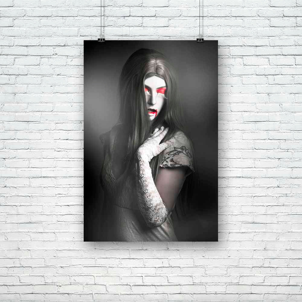 Vampire Woman Unframed Paper Poster-Paper Posters Unframed-POS_UN-IC 5005537 IC 5005537, Ancient, Art and Paintings, Black, Black and White, Fantasy, Fine Art Reprint, Gothic, Historical, Holidays, Individuals, Medieval, Portraits, Signs, Signs and Symbols, Vintage, vampire, woman, unframed, paper, poster, dark, fine, art, portrait, beautiful, long, grey, hair, standing, fog, cover, cemetery, twilight, nightmare, halloween, evil, zombie, female, vampires, mouth, horror, eyes, background, teeth, fangs, desig