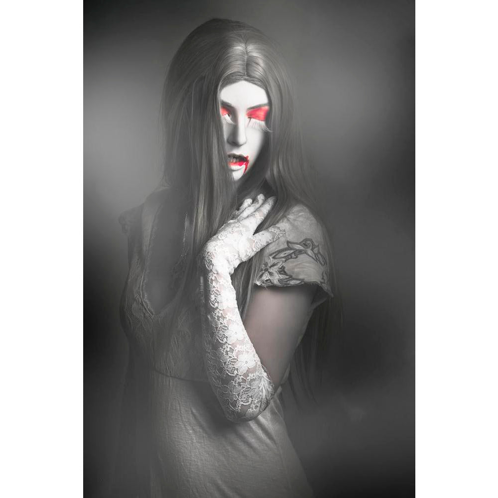 Portrait Of A Beautiful Vampire Woman Canvas Painting Synthetic Frame-Paintings MDF Framing-AFF_FR-IC 5005537 IC 5005537, Ancient, Art and Paintings, Black, Black and White, Fantasy, Fine Art Reprint, Gothic, Historical, Holidays, Individuals, Medieval, Portraits, Signs, Signs and Symbols, Vintage, portrait, of, a, beautiful, vampire, woman, canvas, painting, synthetic, frame, dark, fine, art, long, grey, hair, standing, fog, cover, cemetery, twilight, nightmare, halloween, evil, zombie, female, vampires, m